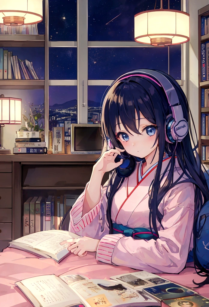 night、A girl listening to music with headphones while looking at a computer in her room、Warm lighting、I can see the city lights from the window The room is filled with bookshelves and CDs. Japanese anime style