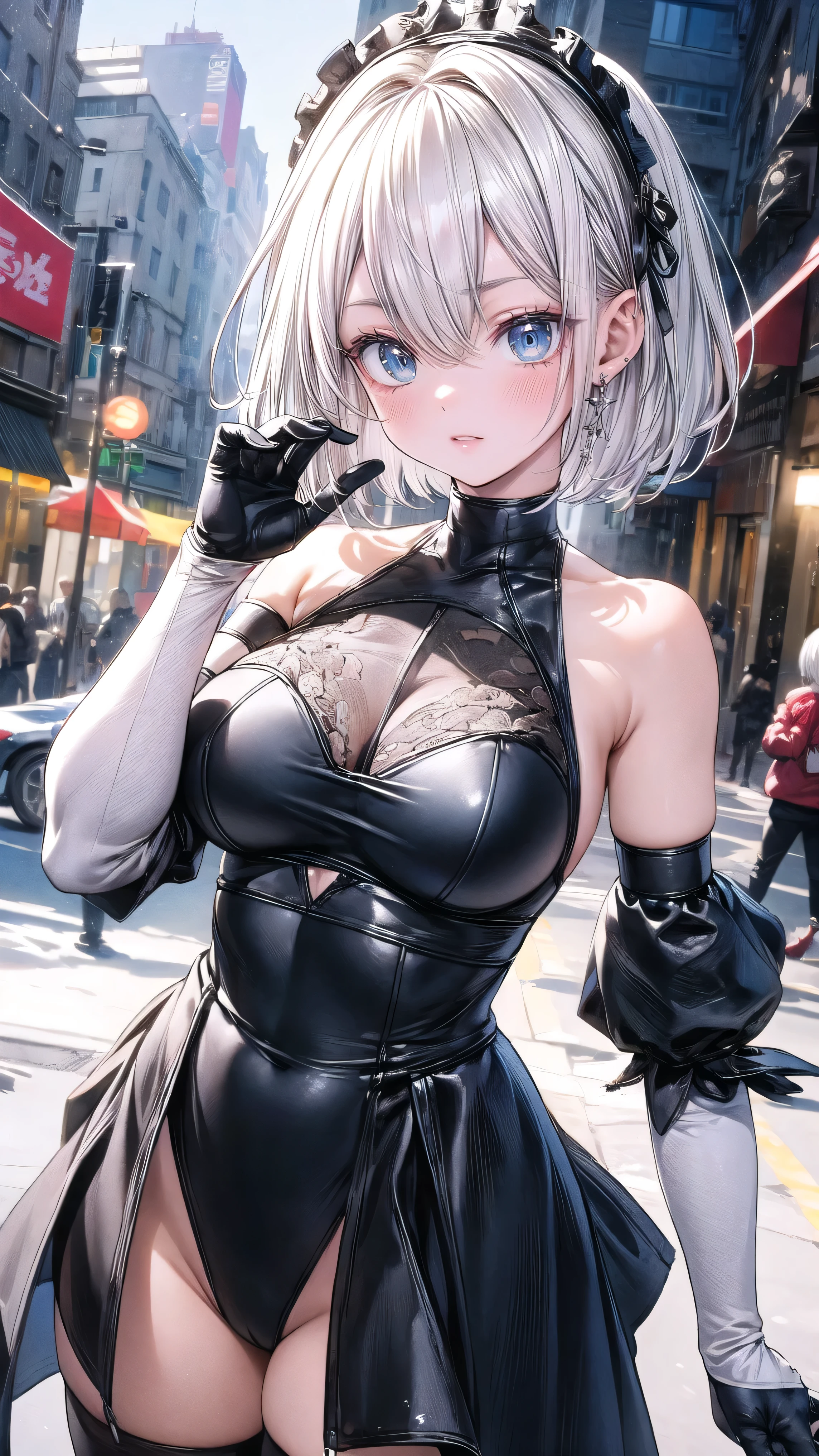 (Masterpiece, Best Quality, Photorealistic, High Resolution, 8K Raw), Smiling, Looking at Viewer, Upper Body, 1 Girl, Solo, Beautiful Young Girl, 18 Years Old, Short Hair, (White Hair, Bangs:1.3), big breasts, 2BHS, leotard, cafe background, detached sleeves, gloves, headdress, thighhighs, revealing clothes, posing, smile, Light, 2BHS