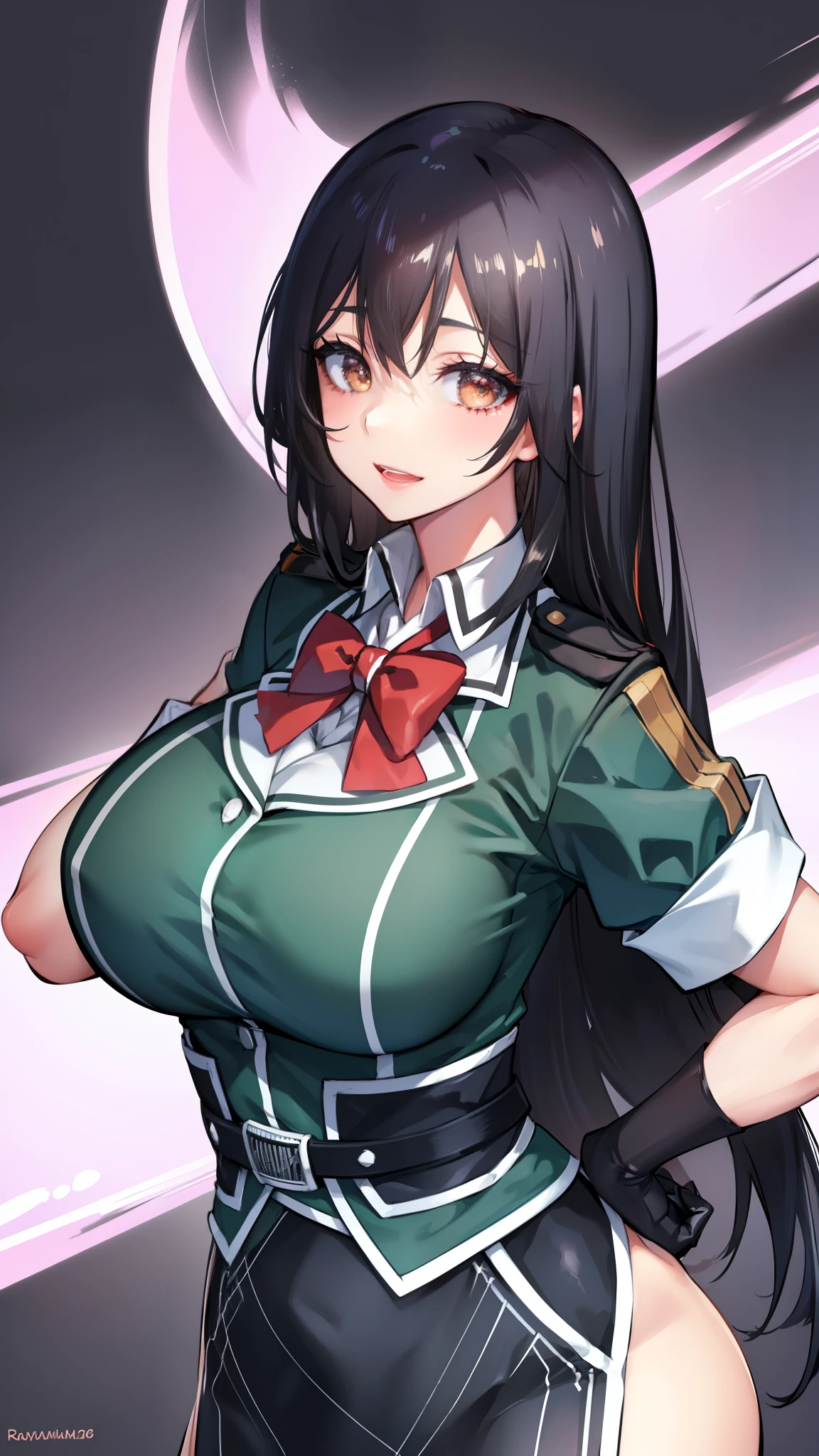 ,Huge breasts, Wide Hips, Shiny body, Shiny skin, expensive,Open your mouth ,View Viewer ,smile,Open your mouth ,Bright glossy screen,,black hair,,open mouth, ,,huge breasts,,narrow waist, , eyelashes, eyeshadow, lips,, 8k, hdr, raytracing,long hair, chikumaKC, single elbow glove, single glove, pelvic curtain, military uniform, military, puffy short sleeves, red bow, uniform, bowtie, puffy sleeves, short sleeves, jacket, bow, gloves, shirt, solo, milf,hands on hip