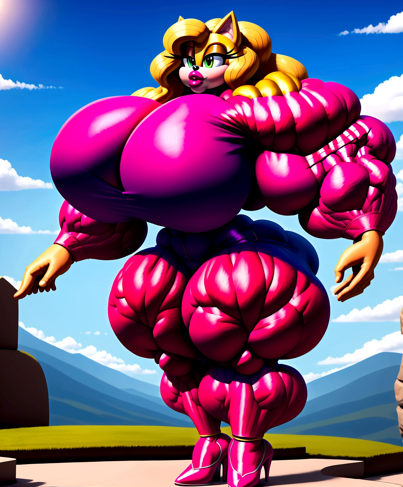 (masterpiece, best quality, high resolution), waveswallow, hyper muscles, frngddngw, mobian, huge breast, thick thighs, perfect body, (perfect hands, perfect fingers, perfect eyes), ((detailed hands, detail fingers, detailed eyes)), (((huge muscles))), ((smaller lips)), big breast, big muscles, big legs, (solo), ((1girl), ((high heels)), long curly blonde hair, green eyes, track suit, standing, body stretching, brighten skin, 8k, Highest quality,