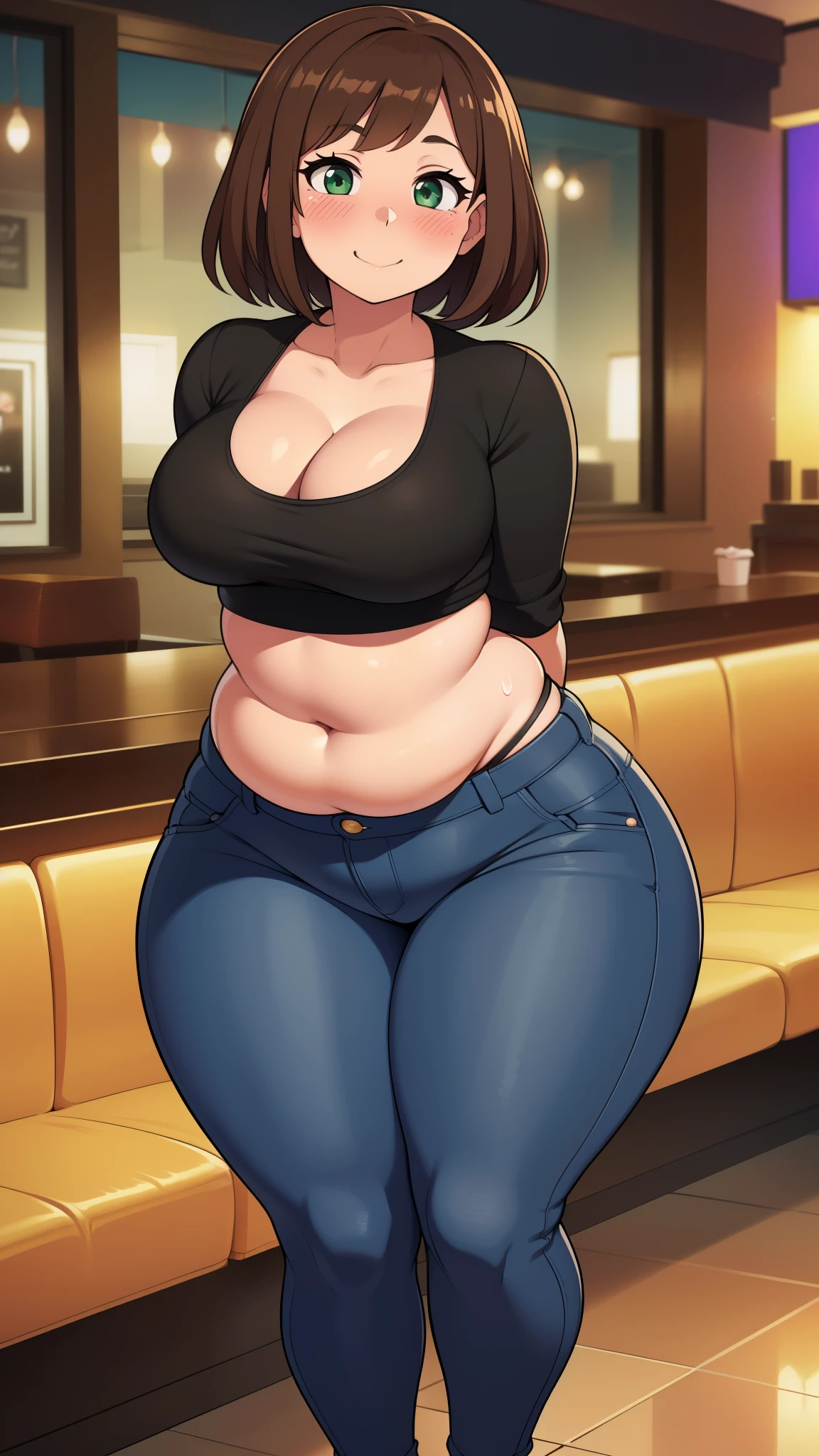 ((highres)), Masterpiece, high quality, best quality, beautiful, perfect lighting, detailed face, ultra cute face, looking at viewer, on a date, ((blush)), affectionate smile, ((1girl)), ((solo)), brown hair, fluffy hair, green eyes, jeans, crop top, tight clothes, fast food restaurant, medium breasts, cleavage, wide hips, ((thick thighs)), ((chubby)), chubby belly, standing, arms behind back, leaned over, cute pose,
