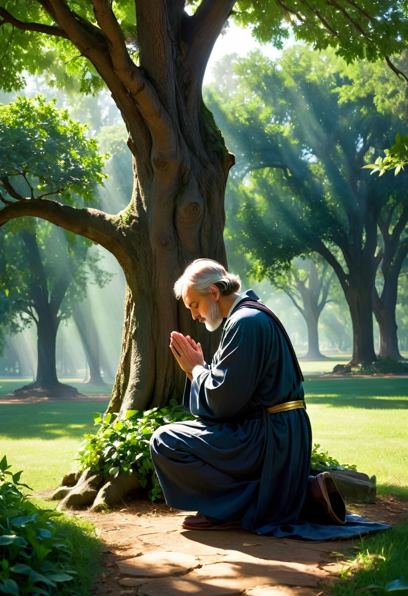 Sob a serene glass, on a peaceful day, A man kneels, in voracious prayer. Bible in hands, words of light, Seek the comfort that faith always translates.The shadow of the tree, shelter and refreshment, A sacred encounter, an ethereal moment. With eyes closed and heart open, Pray fervently, search for the right path.Every leaf that falls, a divine whisper, Guiding your words, showing the destination. On sacred ground, your soul surrenders, To God omnipresent, his life he extends.under the tree, symbol of life and shelter, A man and his faith, in an old dialogue. kneeling in prayer, his strength he renews, Find answers in the Bible, and peace finally proves.