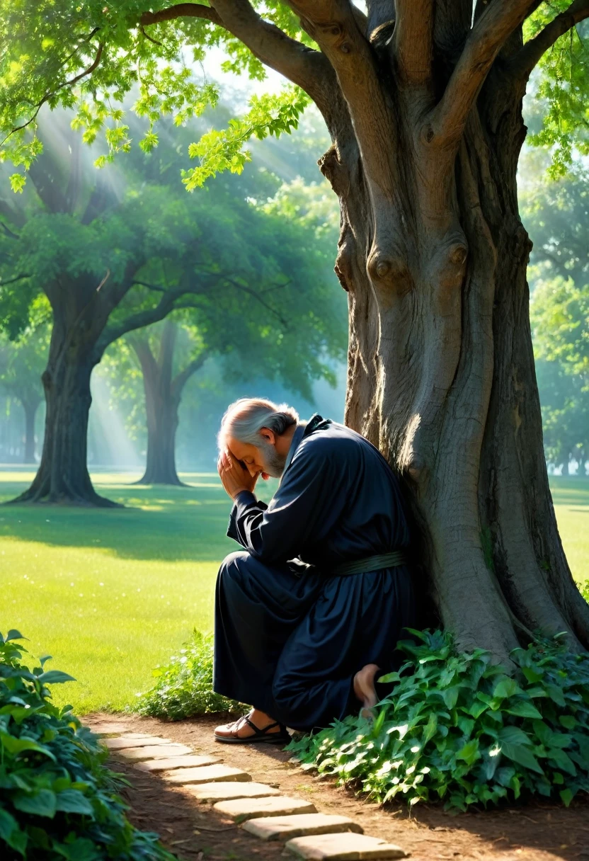 Sob a serene glass, on a peaceful day, A man kneels, in voracious prayer. Bible in hands, words of light, Seek the comfort that faith always translates.The shadow of the tree, shelter and refreshment, A sacred encounter, an ethereal moment. With eyes closed and heart open, Pray fervently, search for the right path.Every leaf that falls, a divine whisper, Guiding your words, showing the destination. On sacred ground, your soul surrenders, To God omnipresent, his life he extends.under the tree, symbol of life and shelter, A man and his faith, in an old dialogue. kneeling in prayer, his strength he renews, Find answers in the Bible, and peace finally proves.