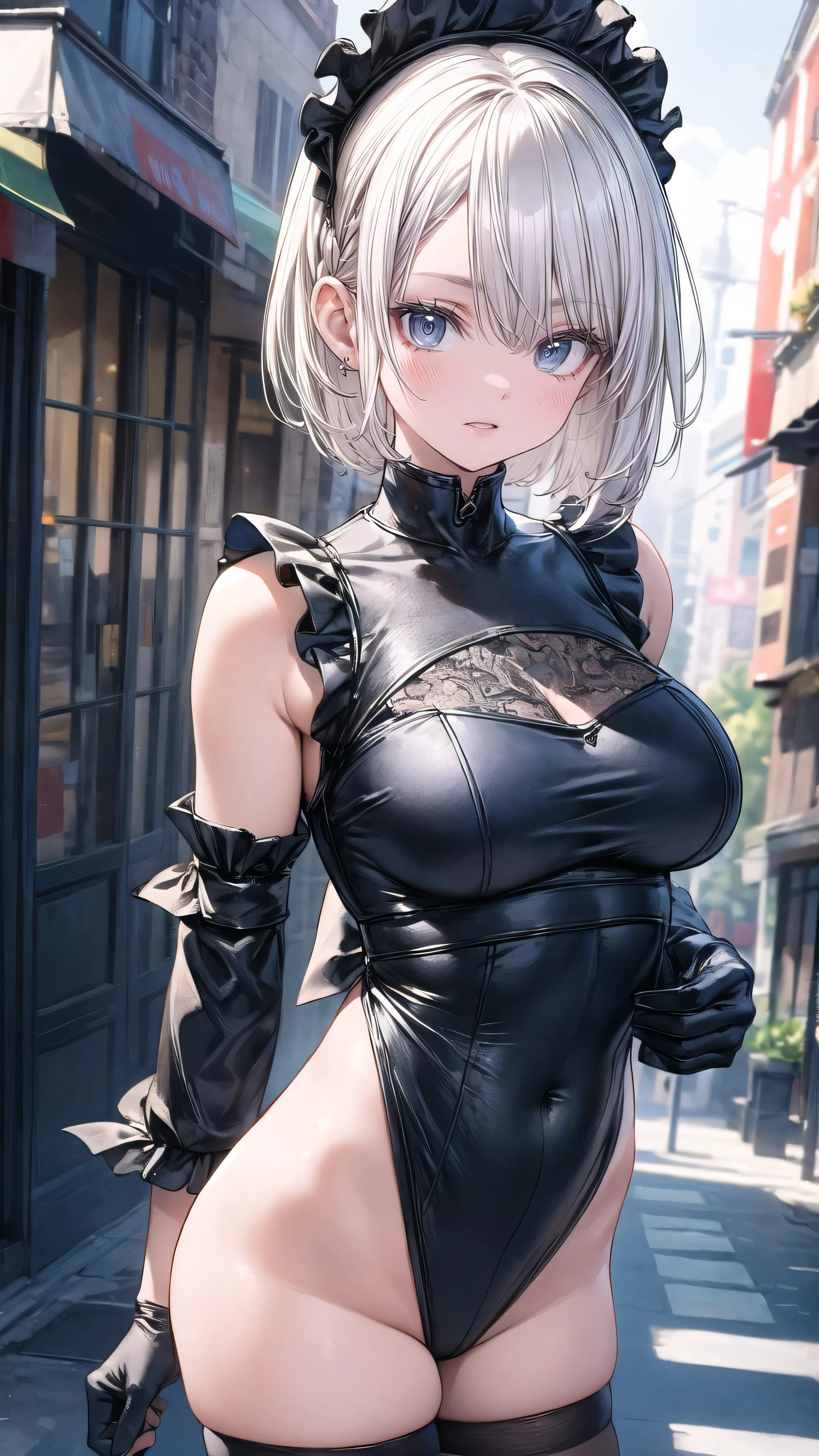 (Masterpiece, Best Quality, Photorealistic, High Resolution, 8K Raw), Smiling, Looking at Viewer, Upper Body, 1 Girl, Solo, Beautiful Young Girl, 18 Years Old, Short Hair, (White Hair, Bangs:1.3), big breasts, 2BHS, leotard, cafe background, detached sleeves, gloves, headdress, thighhighs, revealing clothes, posing, smile, Light, 2BHS