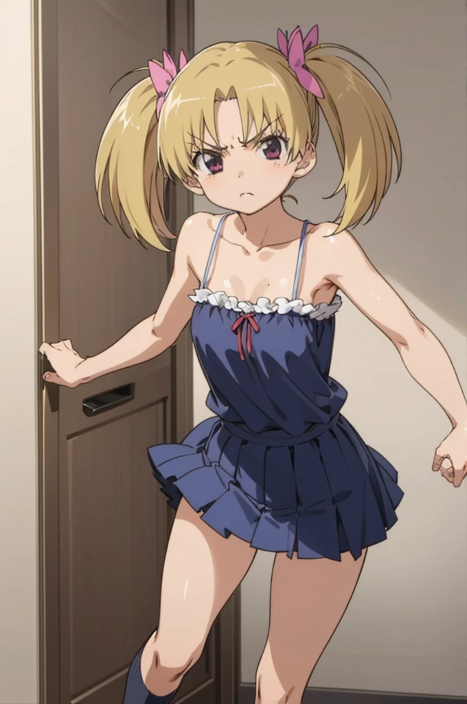 solo, 1girl, looking at viewer, mikazuki kiryuu, , my room,, looking at viewer,angry,camisole,miniskirt,socks,sweating,nsfw