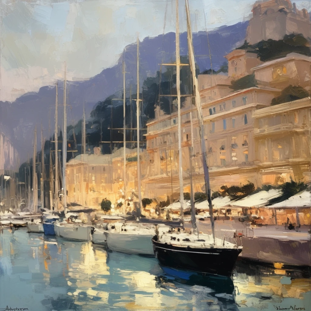 Konstantin Korovin Style - oil painting of a beautiful yacht haven in monaco. Muted colors. Artwork by Abbott Handerson Thayer.