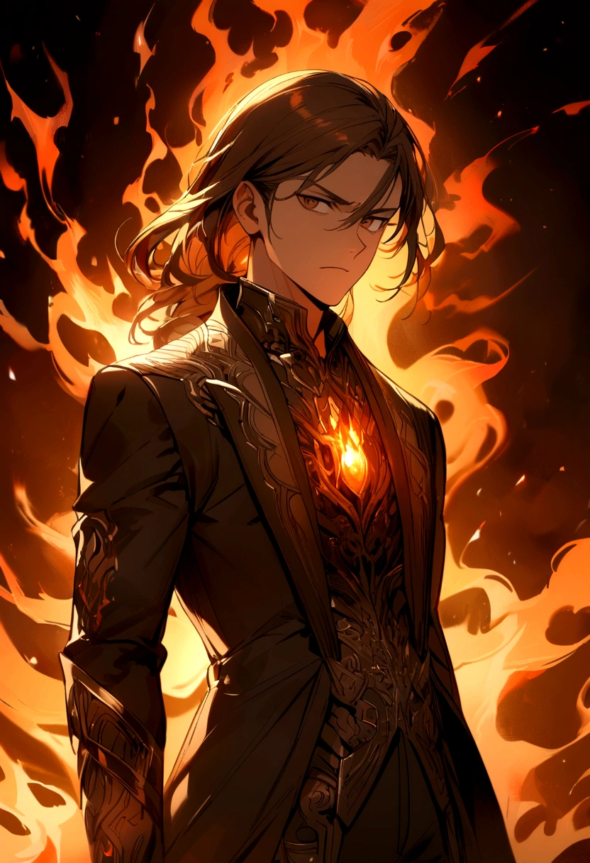 young man with medium brown beard and very long brown hair brown eyes with a serious face around fire