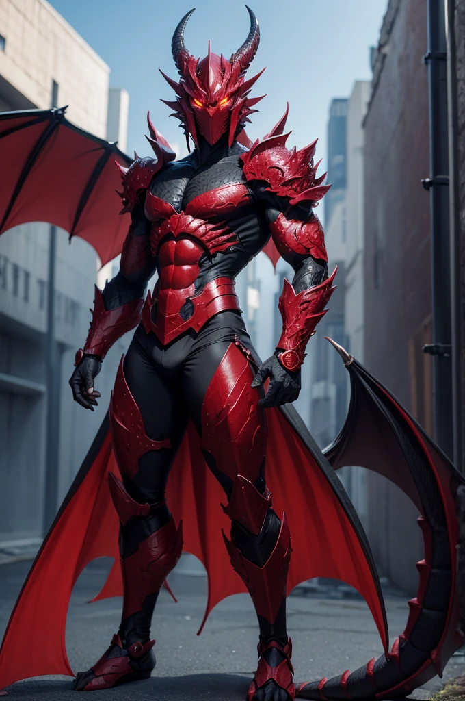 Make a humanoid person with a Crimson black dragon body