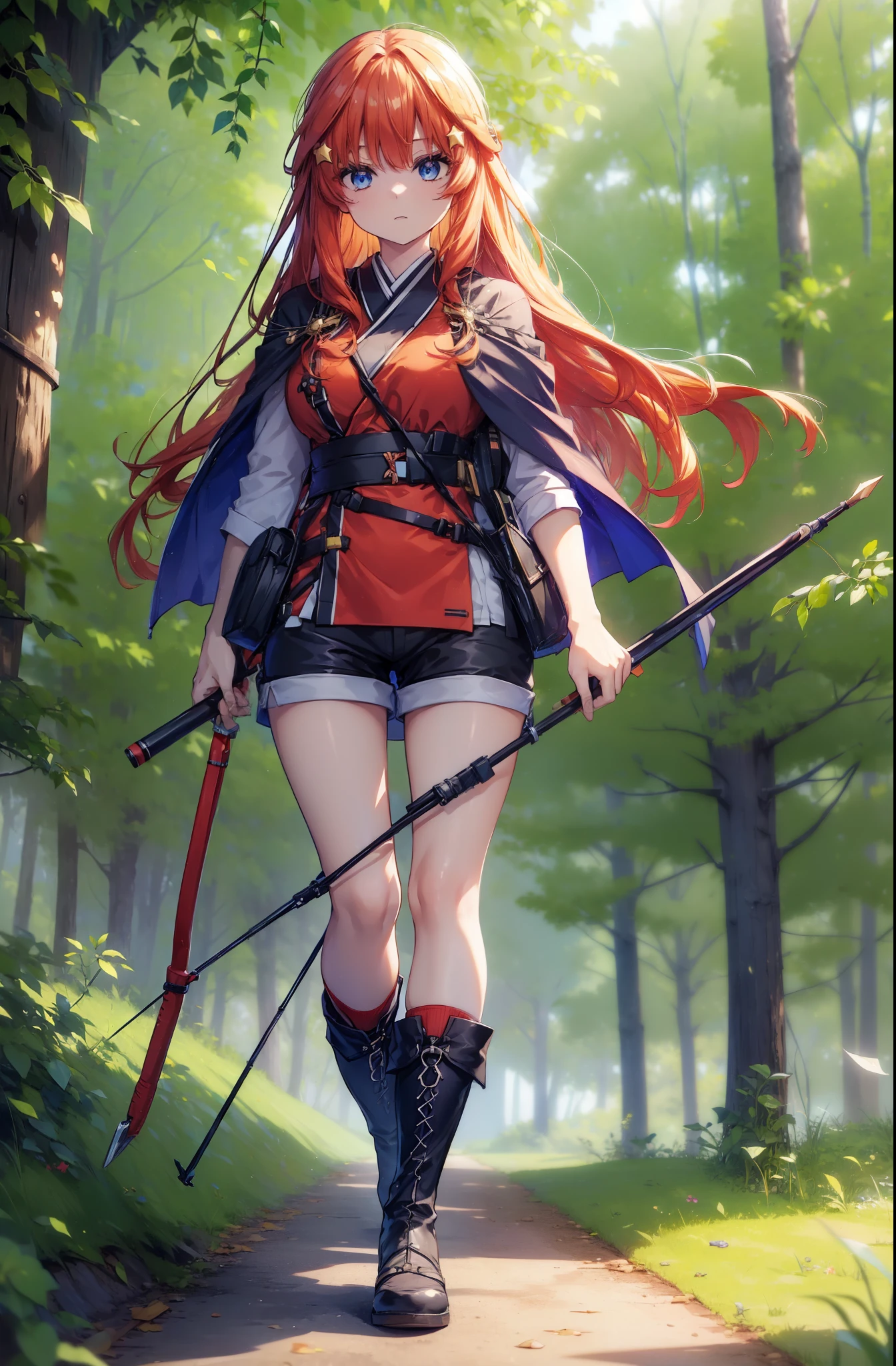 itsukinakano, itsuki nakano, bangs, blue eyes, Hair between the eyes, Redhead, star \(symbol\), hair ornaments, star hair ornaments,Long Hair,Owns an archery grip in the right hand,Carrying an archery bag,He has a quiver on one side, boots, Cape,gloves, red Knee socks, High heels, Shorts, Knee socks,whole bodyがイラストの中に入っていくように,歩いている
break outdoors, forest,forest林, break looking at viewer,whole body, 
break (masterpiece:1.2), Highest quality, High resolution, unity 8k wallpaper, (shape:0.8), (Fine and beautiful eyes:1.6), Highly detailed face, Perfect lighting, Highly detailed CG, (Perfect hands, Perfect Anatomy),