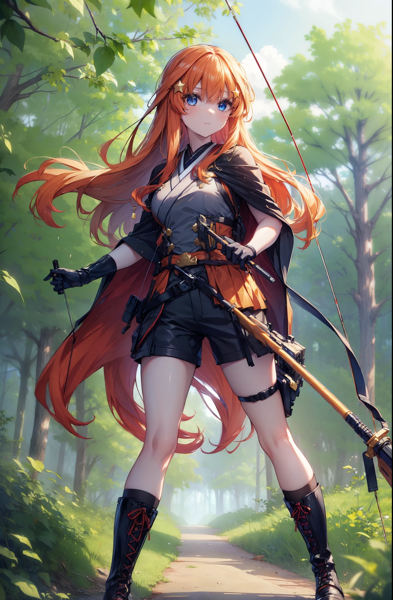 itsukinakano, itsuki nakano, bangs, blue eyes, Hair between the eyes, Redhead, star \(symbol\), hair ornaments, star hair ornaments,Long Hair,Owns an archery grip in the right hand,Carrying an archery bag,He has a quiver on one side, boots, Cape,gloves, red Knee socks, High heels, Shorts, Knee socks,whole bodyがイラストの中に入っていくように,歩いている
break outdoors, forest,forest林, break looking at viewer,whole body, 
break (masterpiece:1.2), Highest quality, High resolution, unity 8k wallpaper, (shape:0.8), (Fine and beautiful eyes:1.6), Highly detailed face, Perfect lighting, Highly detailed CG, (Perfect hands, Perfect Anatomy),