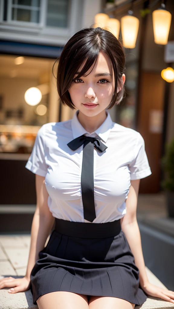 (8k, RAW photo, best quality, masterpiece:1.2), (realistic, photo-realistic:1.37), ultra-detailed,
1 girl,cute, solo,beautiful detailed sky,detailed cafe,night,sitting,dating,(nose blush),(smile:1.1),(closed mouth),large breasts, seductive smile, large aparture, professional lighting, Sony A7R4, Zessie 50mm F1.8,
medium breasts,beautiful detailed eyes,(collared shirt:1.1), bowtie,pleated skirt,(short hair:1.2),floating hair