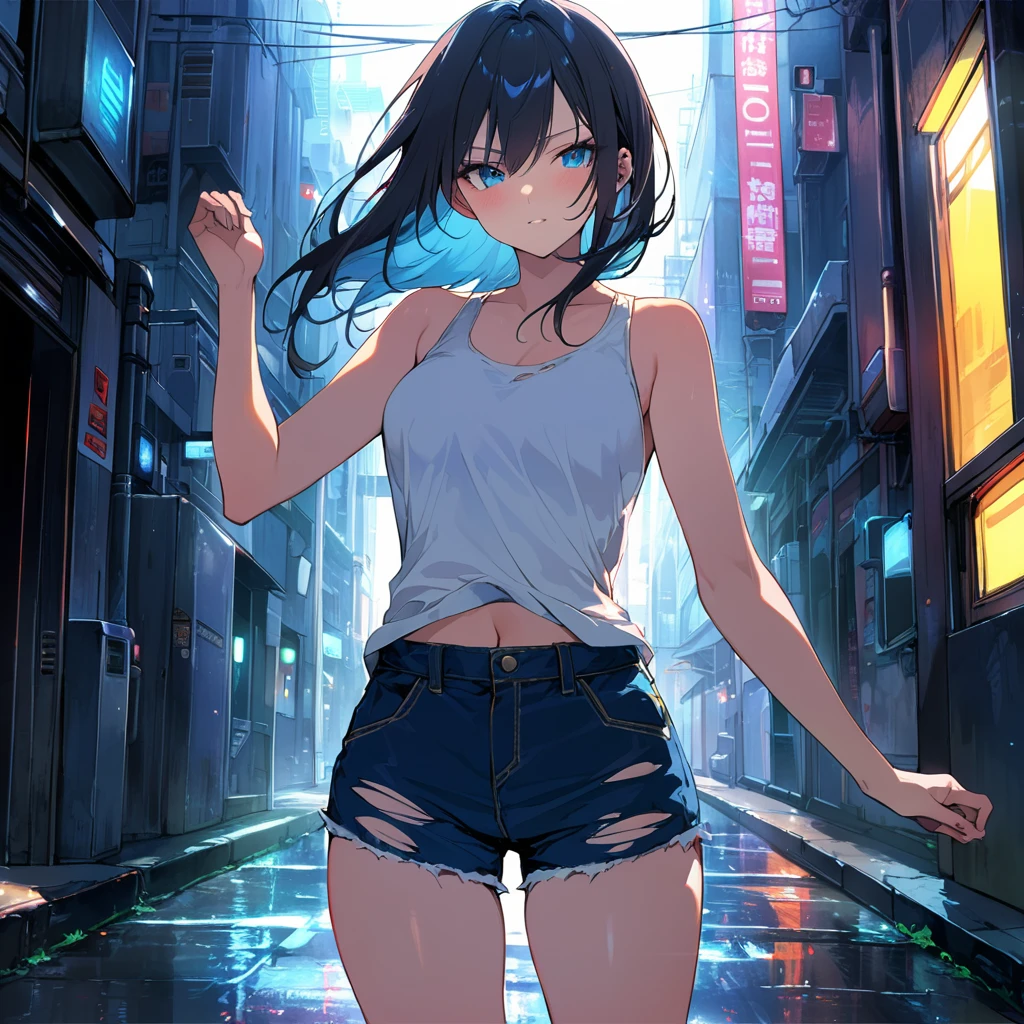 16K, High resolution, RTTX10.0, Ray Tracing, Natural light, Absurd, Top quality masterpiece, Perfect anatomy and highly detailed face, fine grain, One Girl, alone, , White tank top, (((Torn blue shorts))), 自然A pose, Beautiful Hair, so beautiful, Edgy, Nice, Evil Aura, the wind is strong, In the back alleys of a big city at night, Future, it's raining, Detailed Background, Awards, Neon Light, It was a hot topic on Art Station., 自然A pose, Intense movement, color々A pose, (((Singing while playing electric guitar))), Concentrated on the music