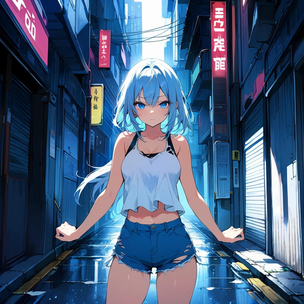 16K, High resolution, RTTX10.0, Ray Tracing, Natural light, Absurd, Top quality masterpiece, Perfect anatomy and highly detailed face, fine grain, One Girl, alone, , White tank top, (((Torn blue shorts))), 自然A pose, Beautiful Hair, so beautiful, Edgy, Nice, Evil Aura, the wind is strong, In the back alleys of a big city at night, Future, it's raining, Detailed Background, Awards, Neon Light, It was a hot topic on Art Station., 自然A pose, Intense movement, color々A pose, (((Singing while playing electric guitar))), Concentrated on the music