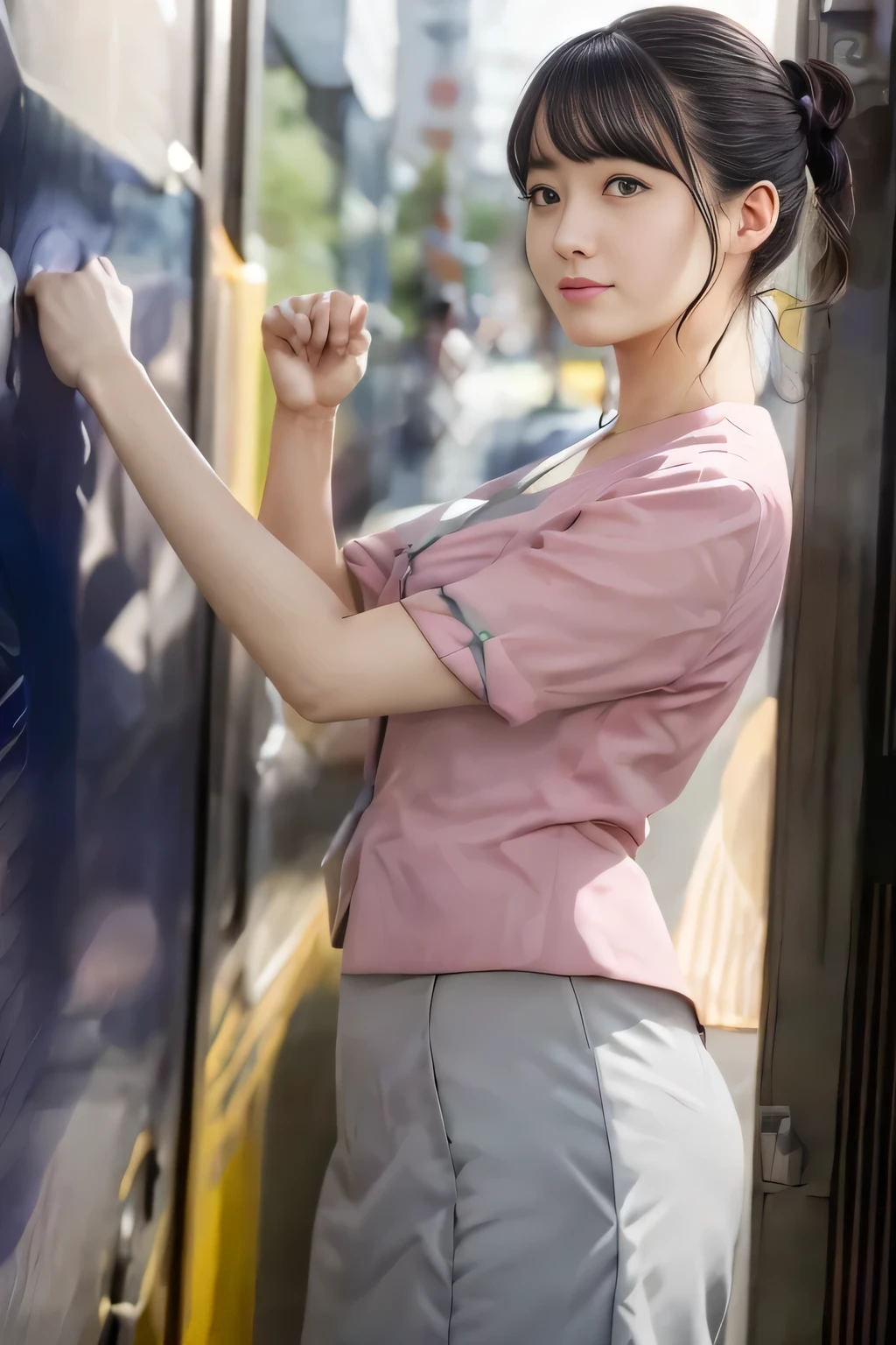 (masterpiece:1.2, Highest quality:1.2), 32k HDR, High resolution, (alone、1 girl)、 (Height: 160cm)、(On the rooftop of a building in the daytime、Professional Lighting)、Building rooftop background、(Nankai train crew uniform pinkを着たリアルスタイル)、(Nankai train crew uniform pink short sleeve collarless pink jacket、Nankai Train Crew Uniform Pink Collarless Short Sleeve Blouse、Nankai Train Crew Uniform Pink Grey Knee-length Culottes)、(The pink jacket is showing from the culottes.)、Dark brown hair、(Hair tied up、Hair tied up、Evening curly hairstyle)、Dark brown hair、Long Shot、Big Breasts、Thin legs、((Great hands:2.0)),((Harmonious body proportions:1.5)),((Normal limbs:2.0)),((Normal finger:2.0)),((Delicate eyes:2.0)),((Normal eyes:2.0)))、smile、(Nankai Train Crew Uniform Pink Grey Knee-length Culottesを見せた美しい歩く姿)、Place your hands around your stomach、Lanyard employee ID card