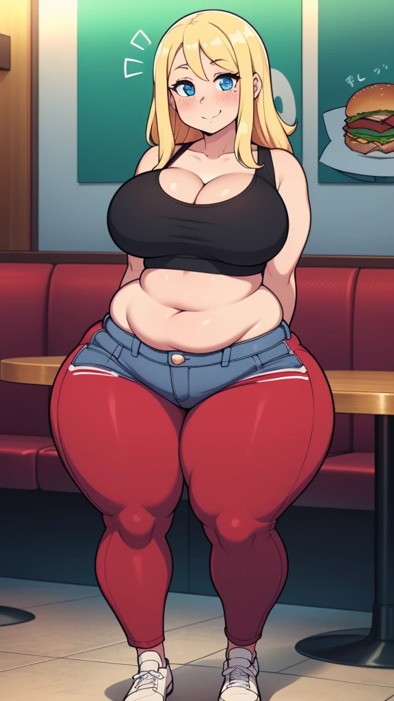 ((highres)), Masterpiece, high quality, best quality, beautiful, perfect lighting, detailed face, ultra cute face, looking at viewer, on a date, ((blush)), affectionate smile, ((1girl)), ((solo)), long blonde hair, fluffy hair, blue eyes, jeans, crop top, tight clothes, fast food restaurant, large breasts, cleavage, wide hips, ((thick thighs)), ((chubby)), chubby belly, standing, arms behind back, leaned over, cute pose,