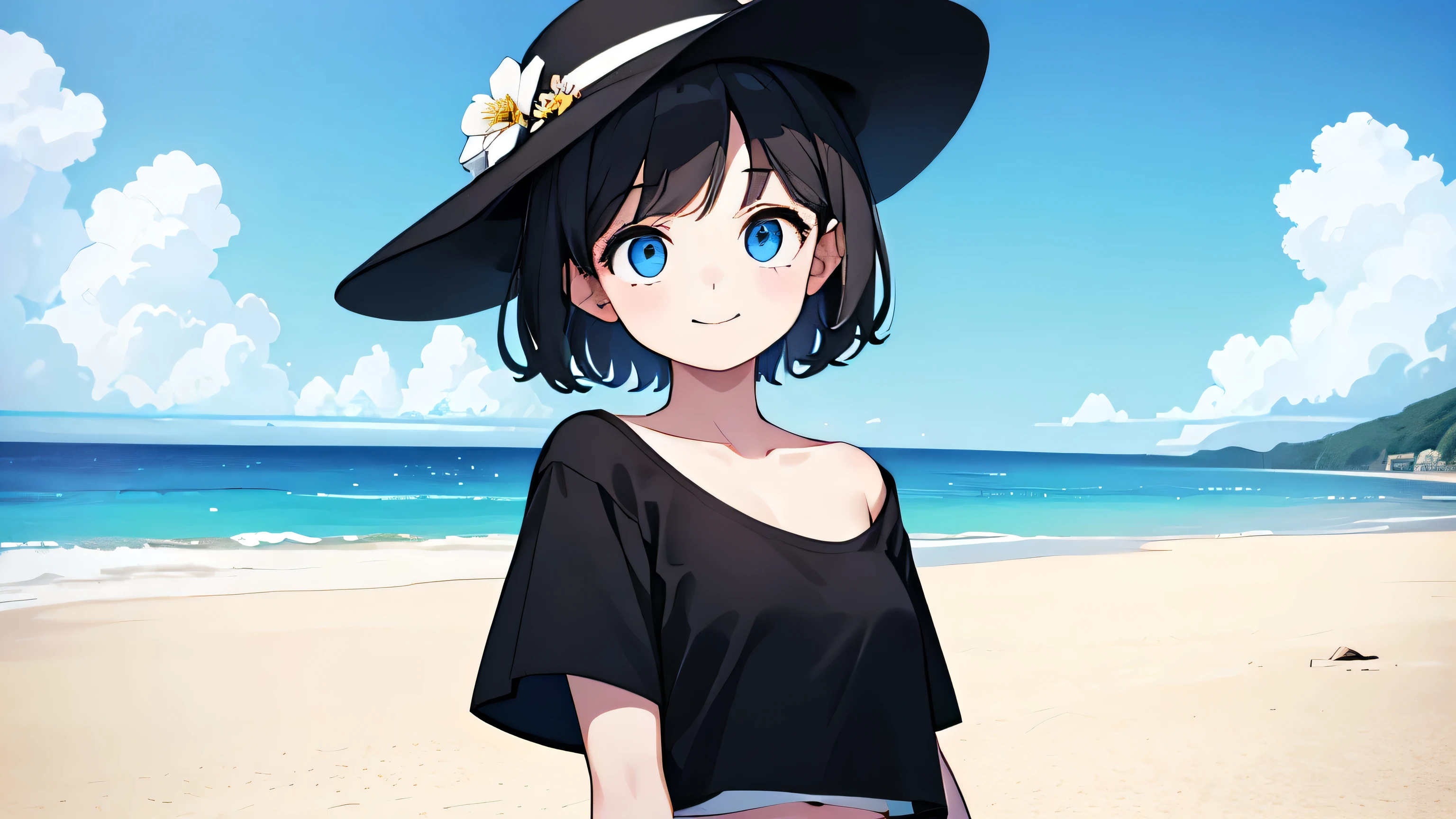 1girl, solo, blue eyes,(detailed eyes), gentle smile flat chest, short hair, black hair, ((white t-shirt)), simple t-shirt, black skirt, black socks, standing, upper body, ((masterpiece, illustration, best quality)) she is on a beach, wearing a beach hat with flowers (light sky background)