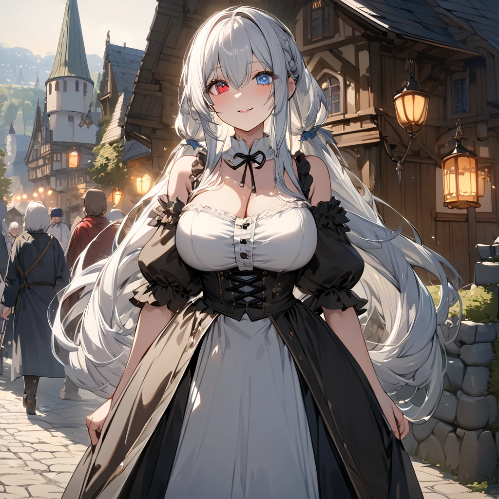 A woman wearing traditional dirndl dress, silver hair, long hair, pigtail hair, red eye, blue eye, multicolored eyes, big breasts, smiling, walking on a stone walkway in medieval style, city in traditional German aesthetic, some trees on site, close view, traditional lamps..UHD , prime work , accurate , anatomically correct , textured skin , super details , high quality , best quality, 8k, high resolution, bokeh effect. (woman alone)
