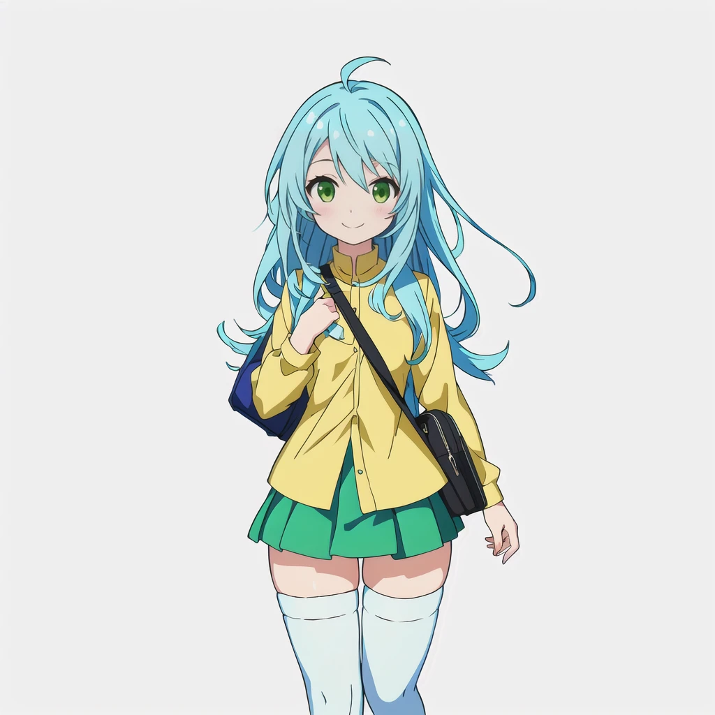 Highest quality, high resolution, High quality anime art style, Official Art, Smooth anime CG art, Stylized anime, Cute 3D anime girl render, Visual Novel Sprites, White background, whole body, Anime-style 3D, Smooth anime CG art, humanoid woman, JRPG Characters, Anime girl wearing a yellow-green shirt and a flared skirt and carrying a bag, Knee-high socks, Anime girl with light blue hair, smile, Thin legs. Thin thighs, long hair, Small Bust, Small breasts, 12 years old