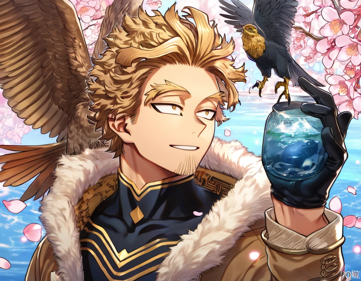 absurdres, highres, ultra detailed, HDR, master piece, Hawks, brown-blond hair, expressive brown-golden eyes, brown coat with fur, faint beard, Boku No Hero Academia, sexy man, handsome, best quality, blossoms, pink petals, pink flowers, water, fantasy, magical, blue shining fireflies, solo, black tight shirt with patterns, black gloves, handsome smile