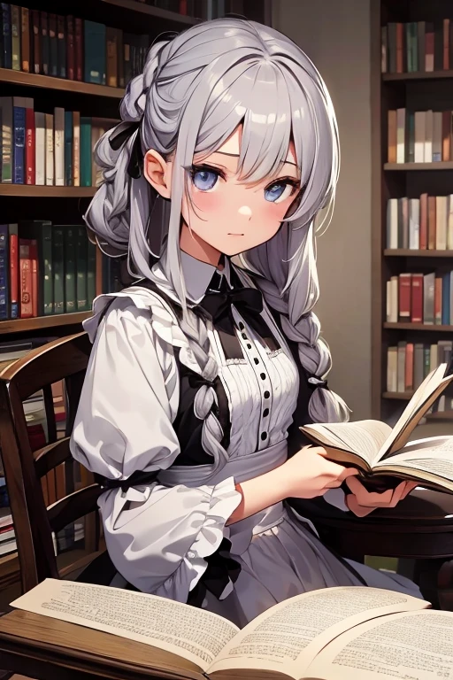 Maid clothes、Fairy、Gray Hair、(Two Knots:1.6), (Beautiful  girl:1.4)、Surrounded by books、There is a lamp on the round table、There are books piled up on the round table、(sitting in a chair reading a book:1.2)