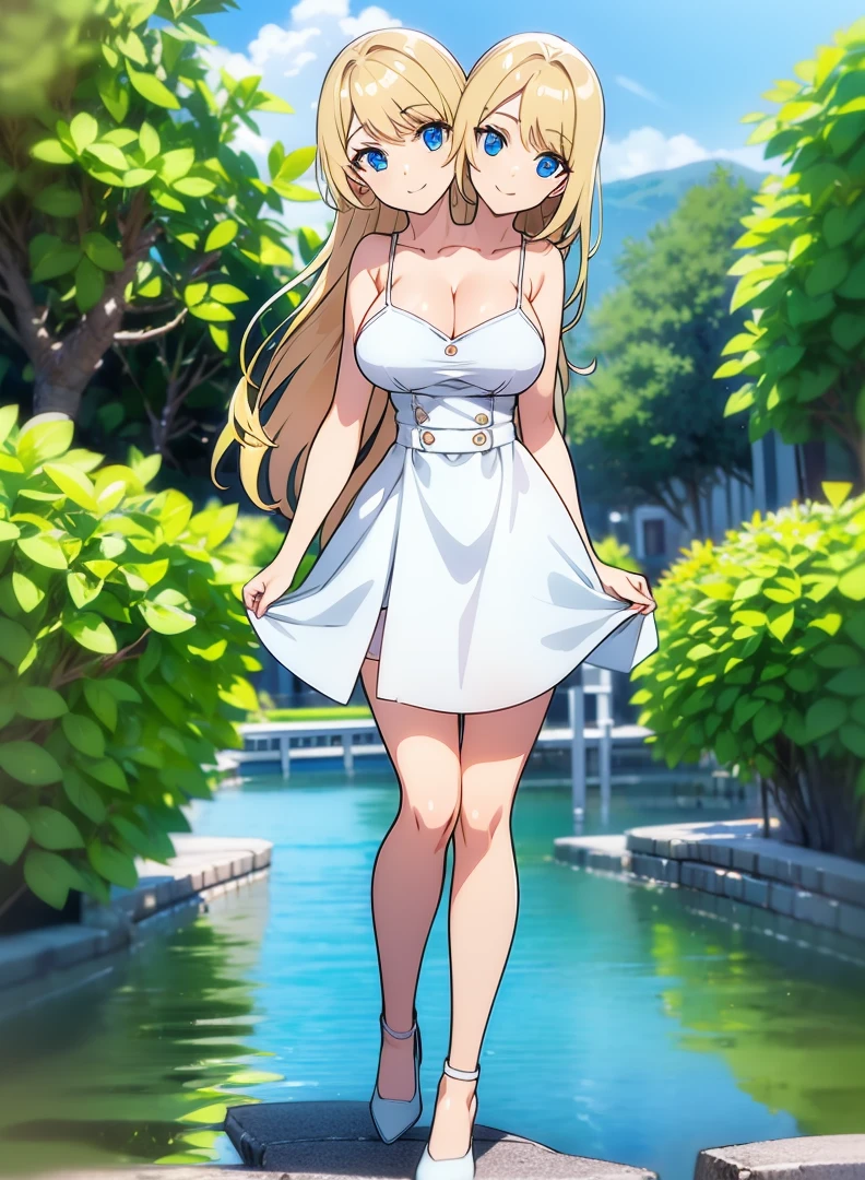 best quality, (masterpiece),(ultra-detailed), (high quality), (high resolution), (2heads:1.5) blonde long hair, medium breasts, cleavage, white skirt , full body,best quality:1.5, highres, UHD, 4K), smiling, ((white sleeveless dress)), wearing white heeled shoes, lake background, ((full body)), detailed blue eyes, (mature woman), casual dress