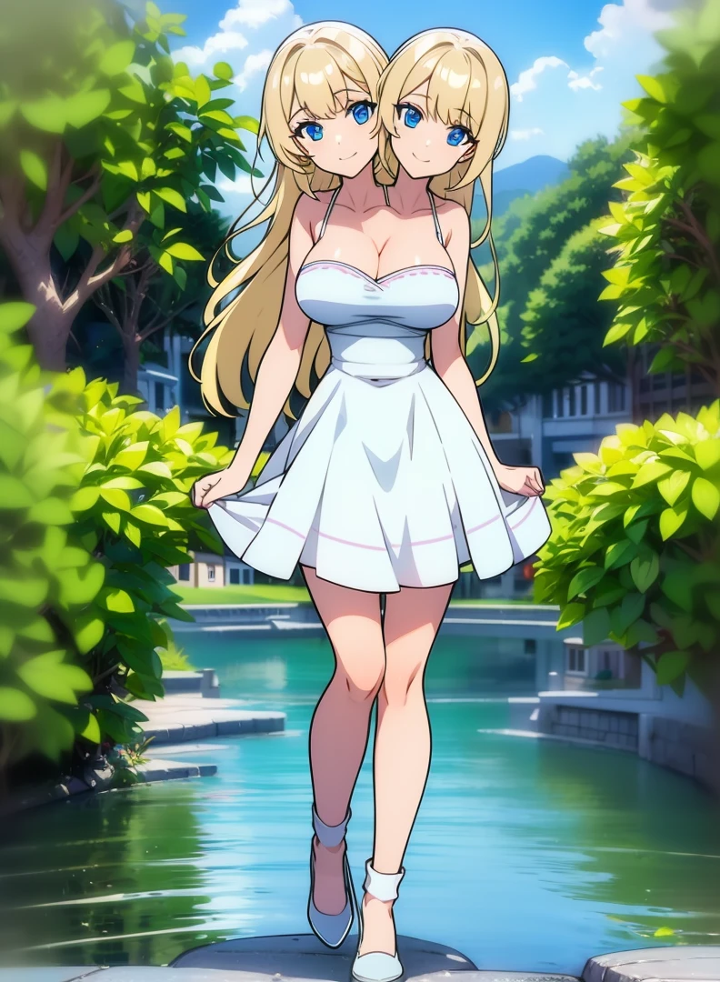 best quality, (masterpiece),(ultra-detailed), (high quality), (high resolution), (2heads:1.5) blonde long hair, medium breasts, cleavage, white skirt , full body,best quality:1.5, highres, UHD, 4K), smiling, ((white sleeveless dress)), wearing white heeled shoes, lake background, ((full body)), detailed blue eyes, (mature woman), casual dress