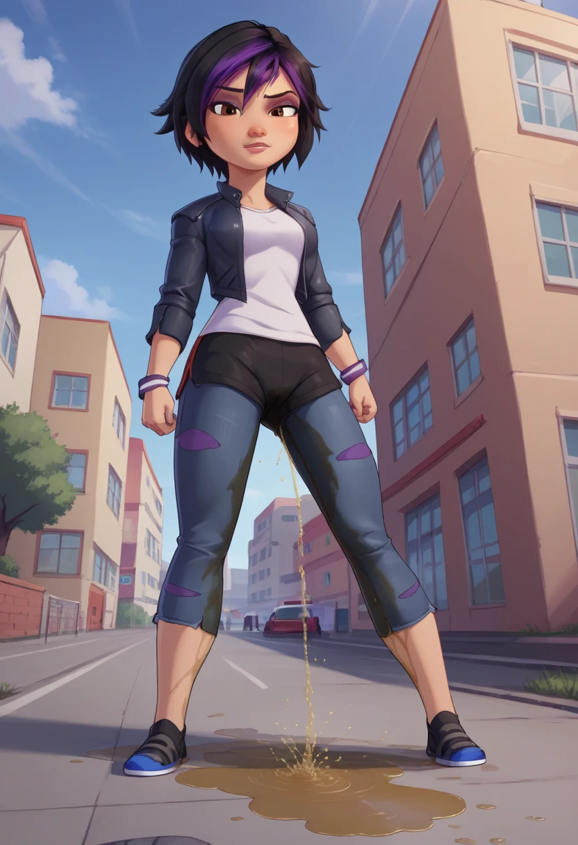 score_9, score_8_up, score_7_up, BREAK,gogotomago, 1girl, solo, short hair, black hair, jewelry, jacket, lo purple hair, shorts, bracelet, makeup, casual, cropped jacket, sleeves pushed up, ((skinny jeans)), brown eyes, looking at the viewer, medium breasts,outdoors,city, full body, ((wetting self, pee stains, puddle)), cameltoe, seen from below, dynamic angle