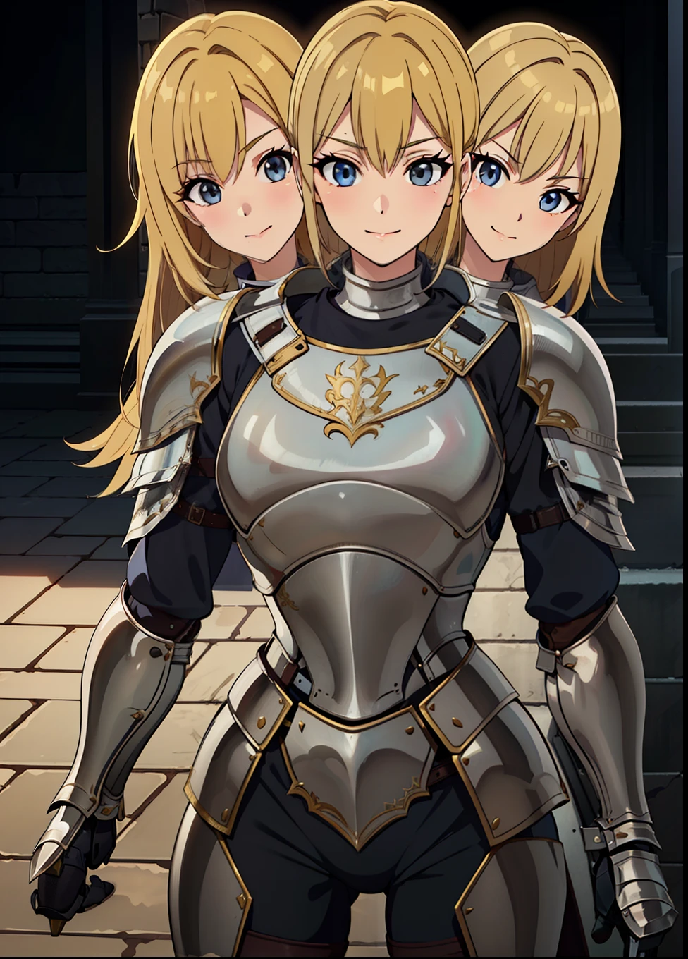 (masterpiece),(ultra-detailed), (high quality), (high resolution), (best quality:1.5, highres, UHD), highres, absurdo, ultra detail, ultra quality, (3heads:1.5), 1girl, ((golden blonde hair)), thighs, (gray armor), female warrior, (fully armored), medium hair, (medieval outfit), (black eyes), armored chest piece, gorgeous female knight, Guild Clothes with Armor, Fantasyart:1.5, (1 Female Knight:1.5), Detailed and detailed depiction armor, (seductive smirk), detailed eyes