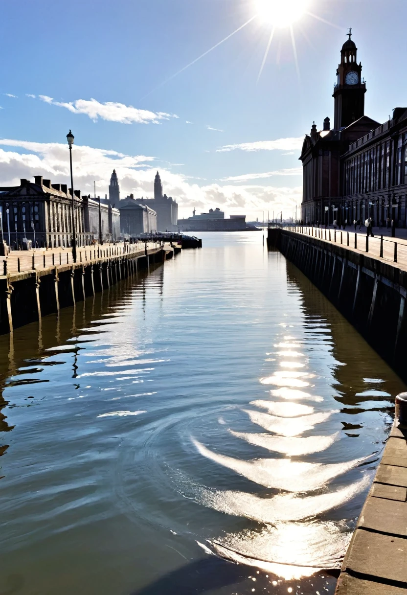 {{{victorian era}}}, port, (masterpiece:1.2), (best quality:1.2), (very aesthetic:1.2), (absurdres:1.2), (detailed background), photograph, Quay, Pier, background, calm, Calm Day, noon, sunny, White cloud, Ripples, Ocean, Liverpool
