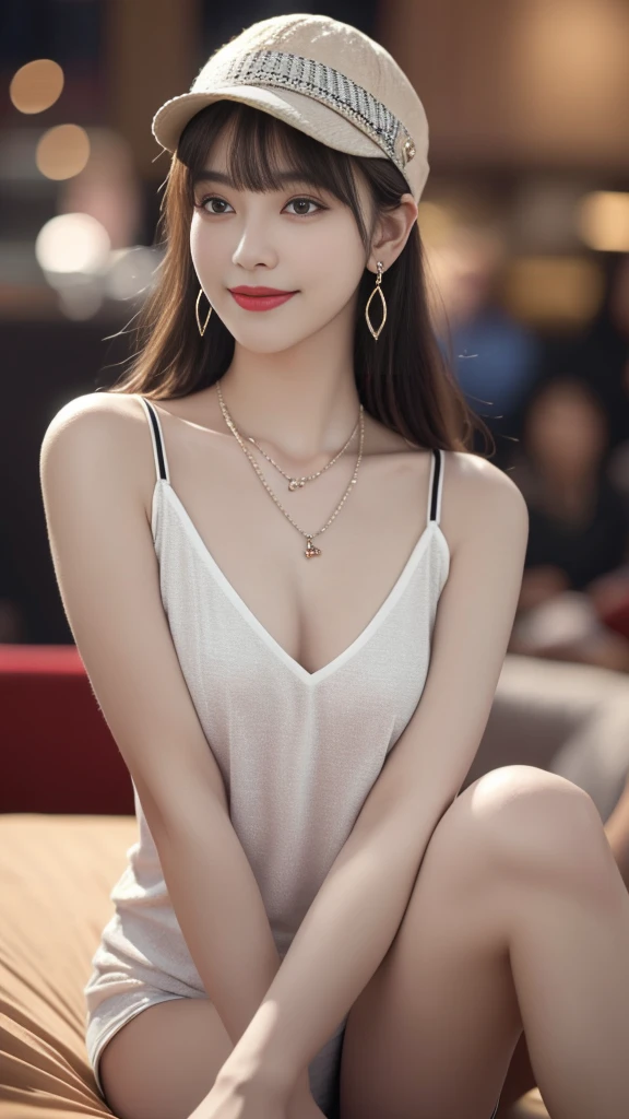 8K,(RAW photos),(best quality), (Photo-realistic:1.4),Realistic skin texture 1girl,Lovely,Double eyelids,Bangs,whole body,,Thin legs,(fit),Slim,Smile,hat,earrings,necklace,Watch and look at the audience,Face Focus,Depth of Field,club ,(Chest close-up:1),Bokeh,,