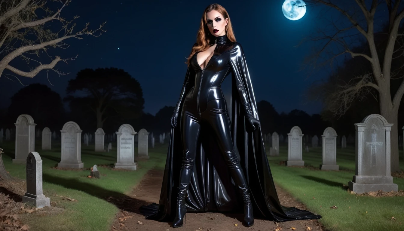 realistic horror photo , gothic Christina Hendircks , wearing black low-cut shinny pvc catsuit , shinny pvc cape , wearing long shiny pvc gloves , wearing shinny pvc thigh high boots , in horro graveyard at night with zombies