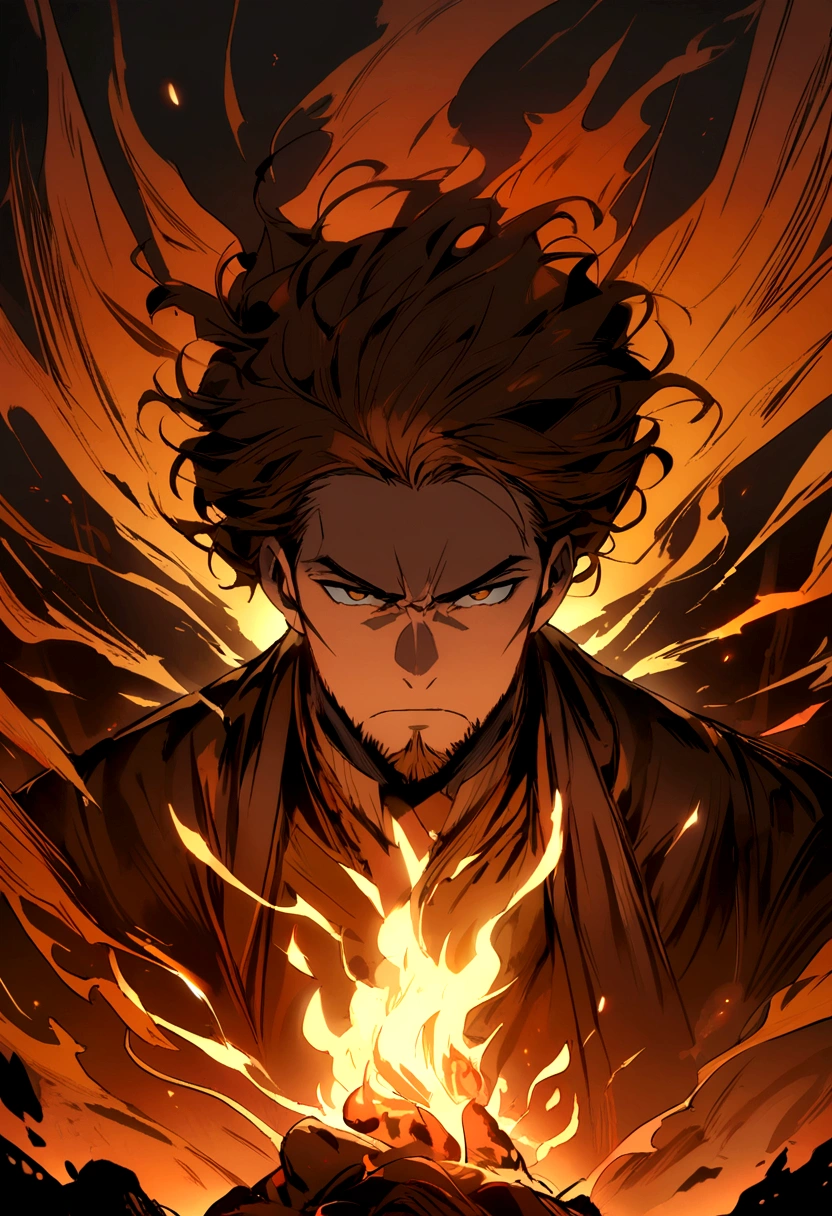 man with brown beard and long brown hair brown eyes with a serious face around fire
