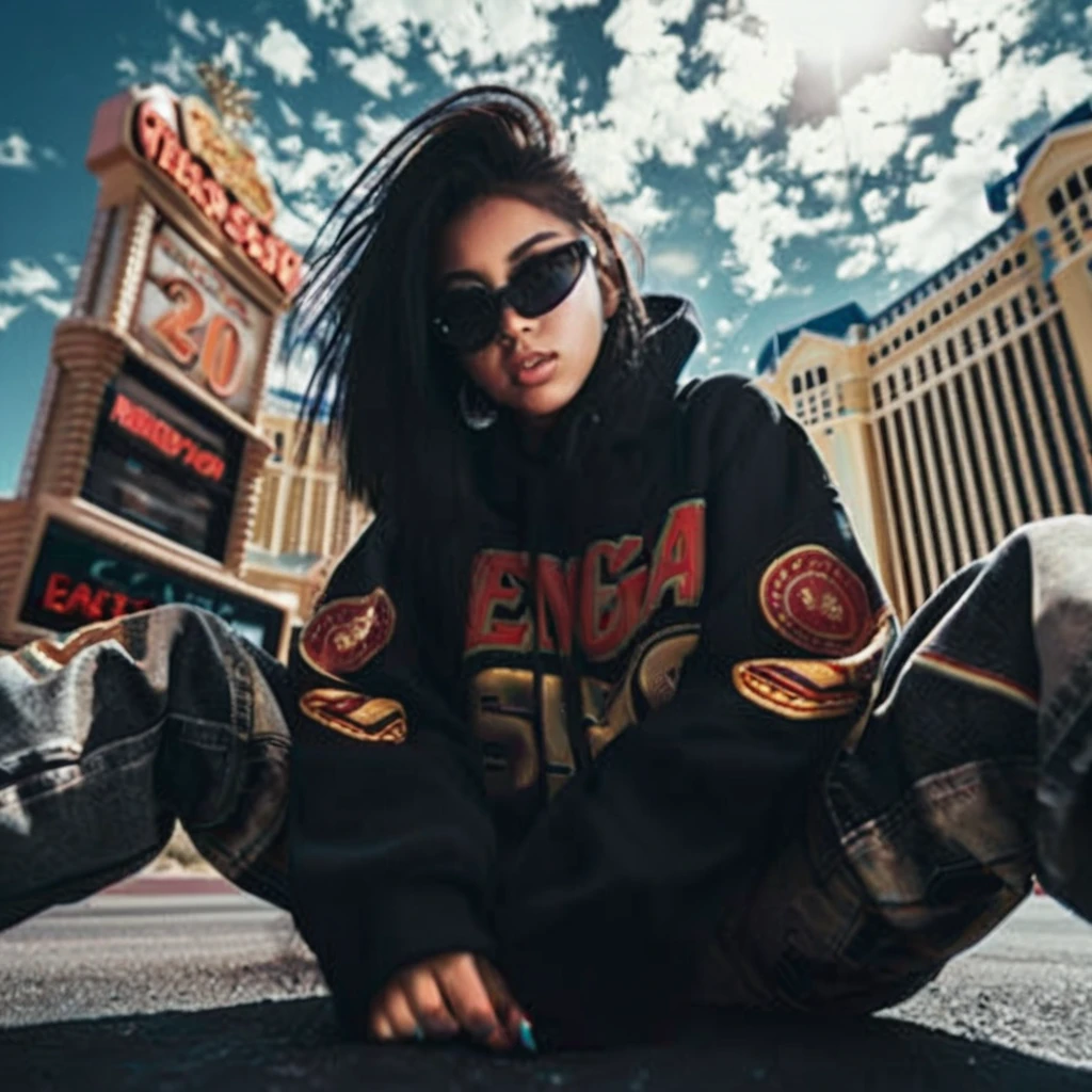 centered, 1girl, 18 yo, black hair, Las Vegas, sitting on the ground, looking at the viewer, hip hop clothing, sunglasses, extreme low-angle photo from below, shot on Afga Vita 400, natural lighting, city photograph, abandoned casino, big neon signs, heat, desert