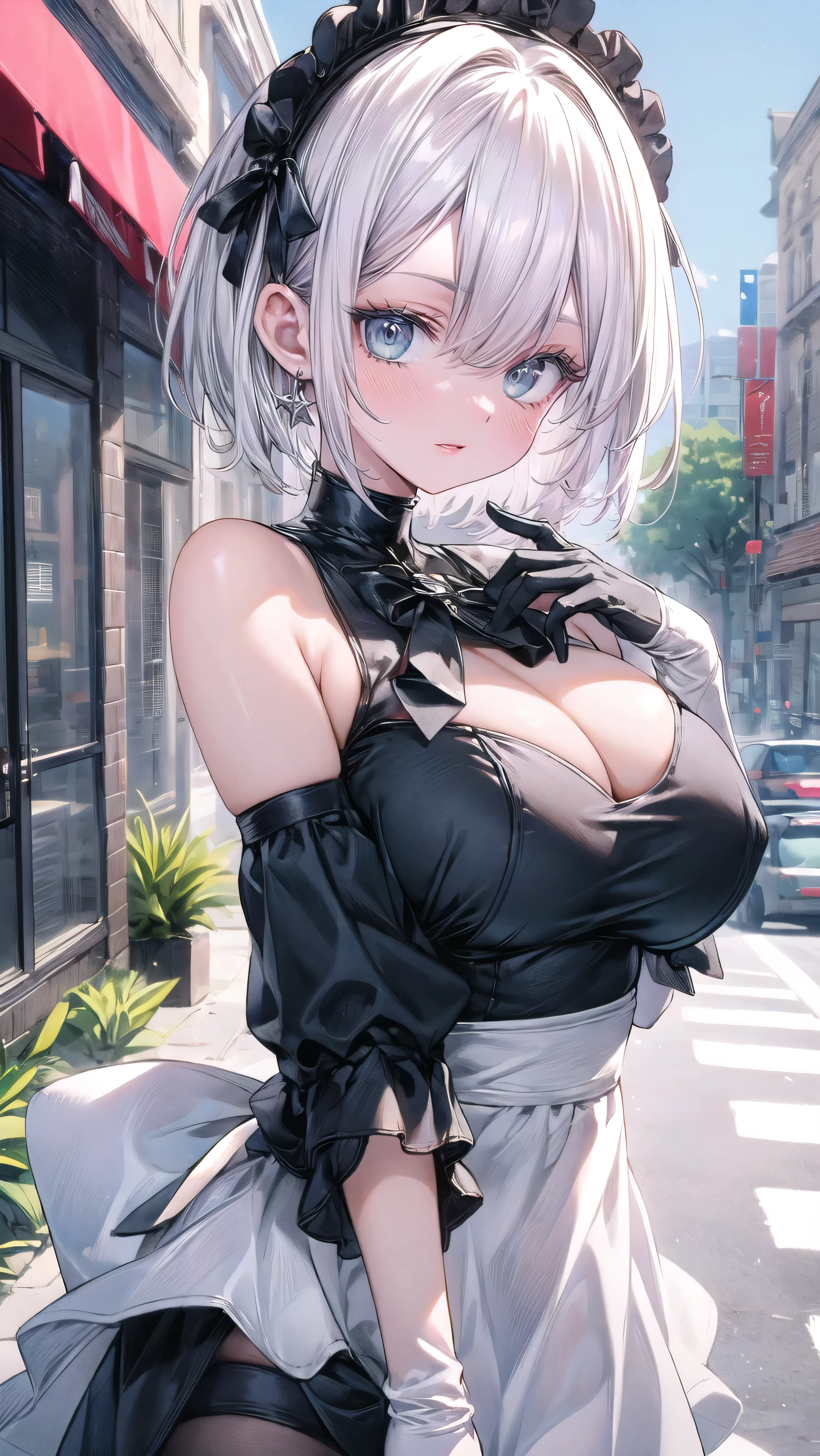 (Masterpiece, Best Quality, anime 2d, High Resolution, 8K Raw), Smiling, Looking at Viewer, Upper Body, 1 Girl, Solo, Beautiful Young Girl, 18 Years Old, Short Hair, (White Hair, Bangs:1.3), big breasts, 2BHS, leotard, cafe background, detached sleeves, gloves, headdress, thighhighs, revealing clothes, posing, smile, Light, 2BHS