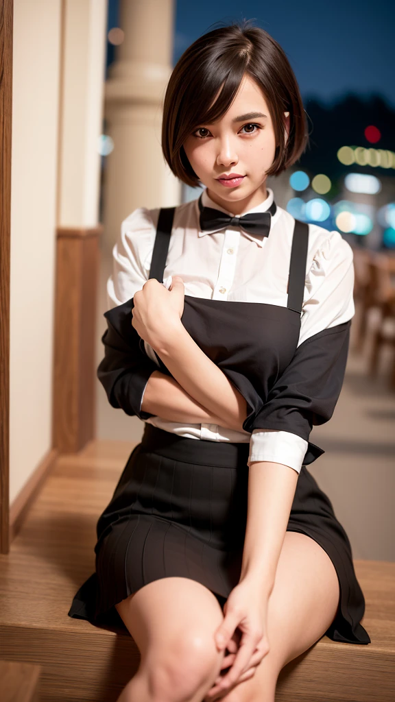 (8k, RAW photo, best quality, masterpiece:1.2), (realistic, photo-realistic:1.37), ultra-detailed,
1 girl,cute, solo,beautiful detailed sky,detailed cafe,night,sitting,dating,(nose blush),(smile:1.1),(closed mouth),large breasts, seductive smile, large aparture, professional lighting, Sony A7R4, Zessie 50mm F1.8,
medium breasts,beautiful detailed eyes,(collared shirt:1.1), bowtie,pleated skirt,(short hair:1.2),floating hair