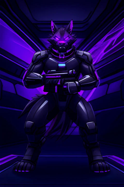Vortex hellhounds, using a gray latex suit, and a black techno collar, hypnotized with glowing purple eyes without iris or pupils, big, using a Pulse Rifle, Energy Rifle, Futuristic assault rifle, fight action pose, angry growling, full body image, in a futuristic laboratory room background