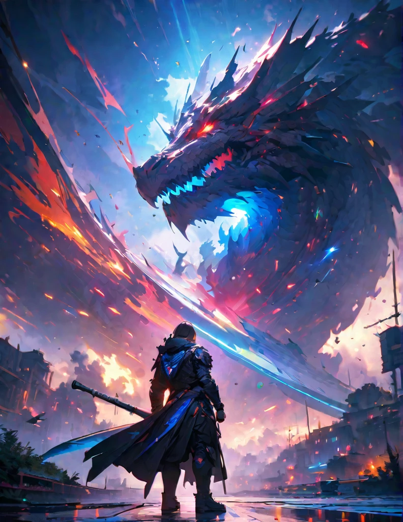 quality(8k wallpaper of extremely detailed CG unit, masterpiece, hight resolution, top-quality, top-quality ,hyper realisitic, digitial painting,increase the resolution,RAW photos,best qualtiy,highly detailed,the wallpaper),BREAK,8K, Gigantic dragon head coming out from black smoke, blue lighting, warrior with Gigantic sword in hands standing front of Gigantic dragon head,