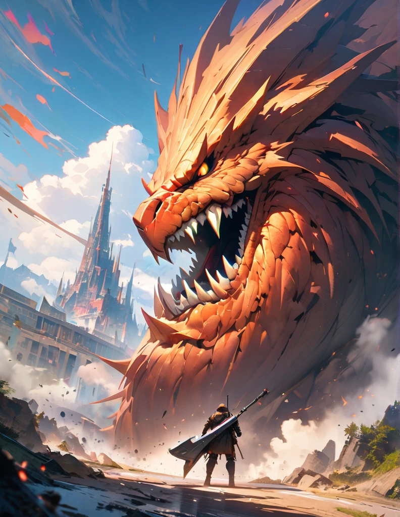 quality(8k wallpaper of extremely detailed CG unit, masterpiece, hight resolution, top-quality, top-quality ,hyper realisitic, digitial painting,increase the resolution,RAW photos,best qualtiy,highly detailed,the wallpaper),BREAK,8K, Gigantic dragon head coming out from black smoke, blue lighting, warrior with Gigantic sword in hands standing front of Gigantic dragon head,