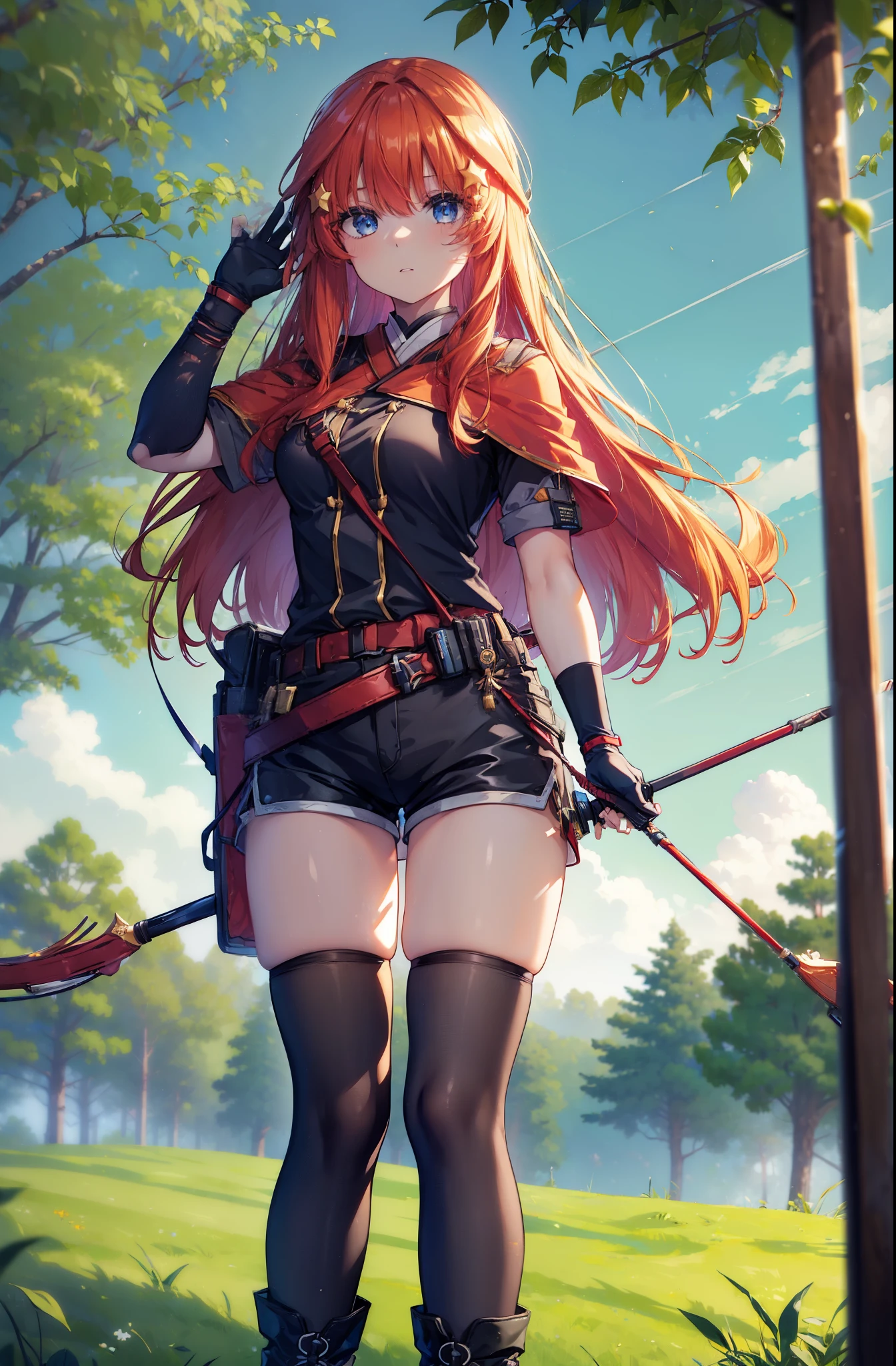 itsukinakano, itsuki nakano, bangs, blue eyes, Hair between the eyes, Redhead, star \(symbol\), hair ornaments, star hair ornaments,Long Hair,Owns an archery grip in the right hand,Carrying an archery bag,He has a quiver on one side, boots, Cape,gloves, red Knee socks, High heels, Shorts, Knee socks,whole bodyがイラストの中に入っていくように,歩いている
break outdoors, forest,forest林, break looking at viewer,whole body, 
break (masterpiece:1.2), Highest quality, High resolution, unity 8k wallpaper, (shape:0.8), (Fine and beautiful eyes:1.6), Highly detailed face, Perfect lighting, Highly detailed CG, (Perfect hands, Perfect Anatomy),