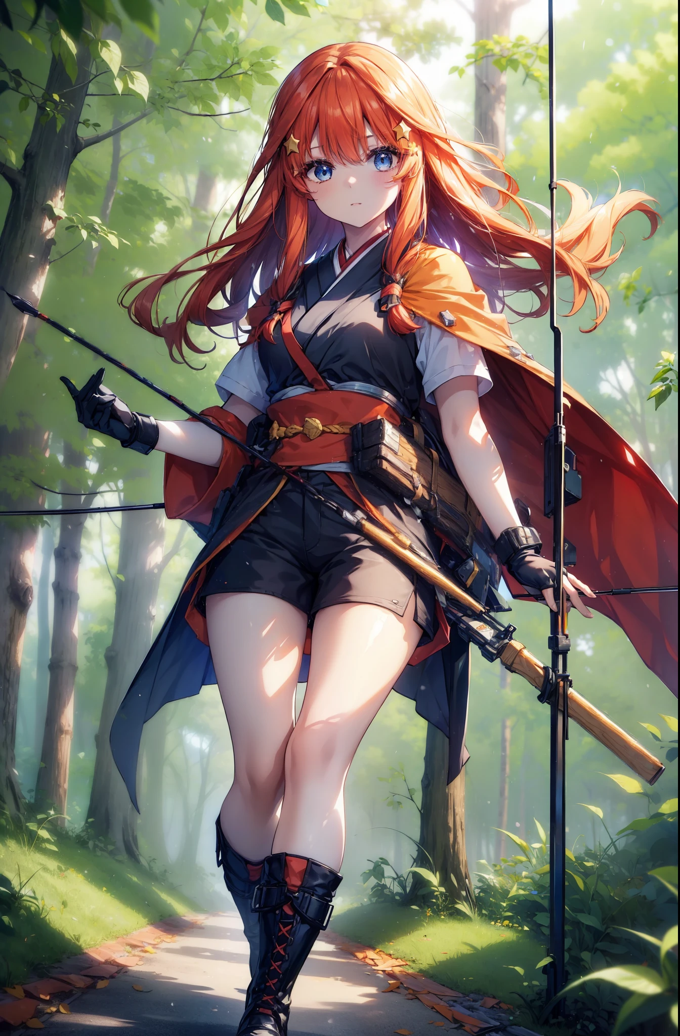 itsukinakano, itsuki nakano, bangs, blue eyes, Hair between the eyes, Redhead, star \(symbol\), hair ornaments, star hair ornaments,Long Hair,Owns an archery grip in the right hand,Carrying an archery bag,He has a quiver on one side, boots, Cape,gloves, red Knee socks, High heels, Shorts, Knee socks,whole bodyがイラストの中に入っていくように,歩いている
break outdoors, forest,forest林, break looking at viewer,whole body, 
break (masterpiece:1.2), Highest quality, High resolution, unity 8k wallpaper, (shape:0.8), (Fine and beautiful eyes:1.6), Highly detailed face, Perfect lighting, Highly detailed CG, (Perfect hands, Perfect Anatomy),