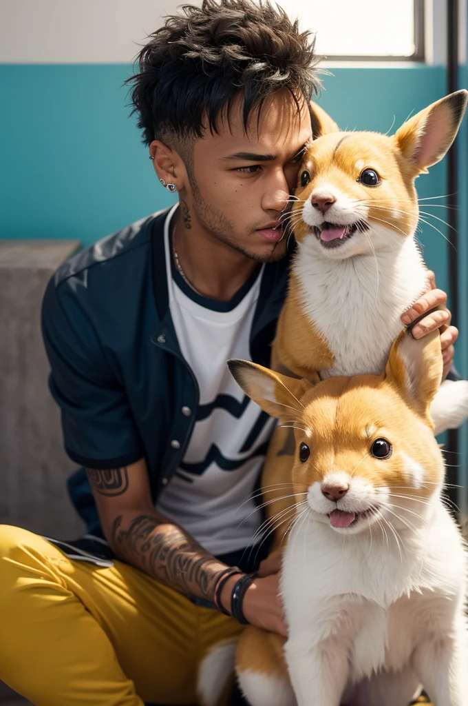 Neymar with 1 meter pika licking a dog