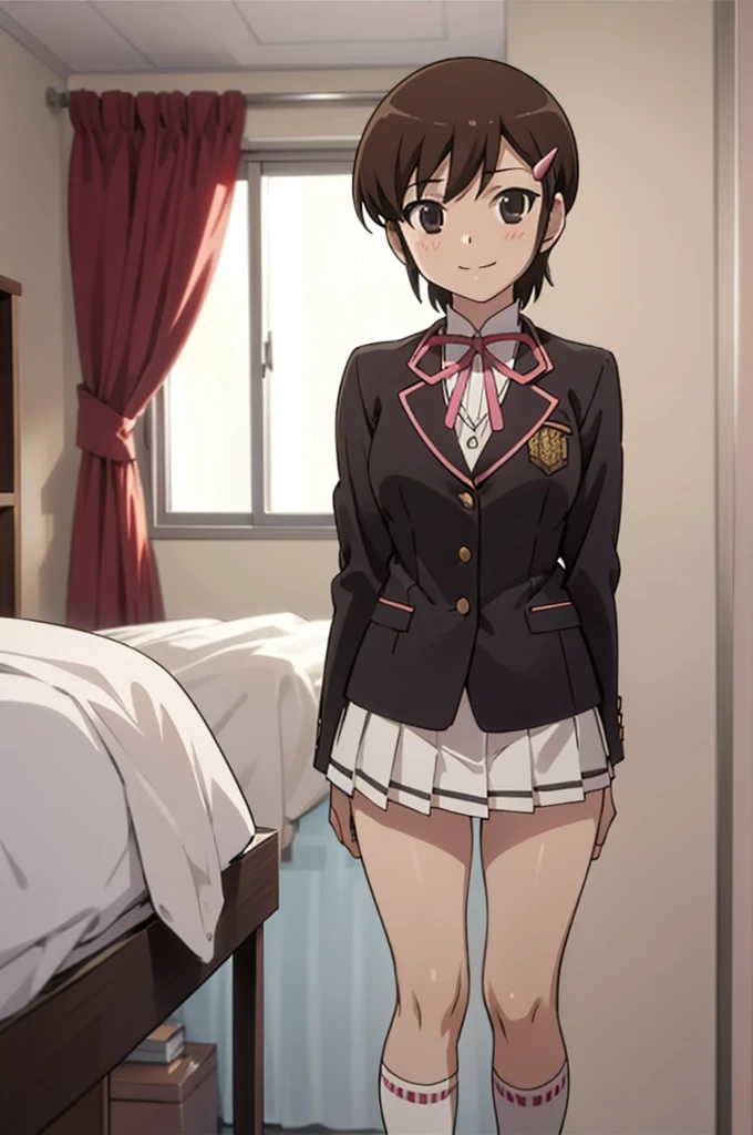 solo, 1girl, looking at viewer, 2D, , chihiro kosaka, , looking at viewer, smile,blazer,miniskirt,socks,my room