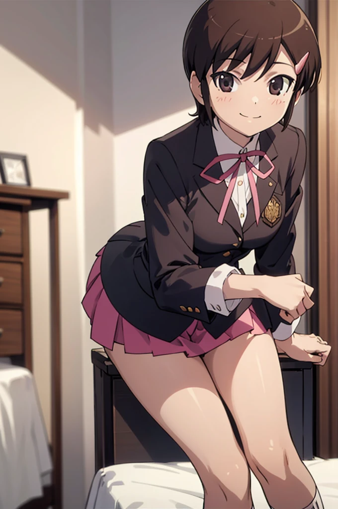 solo, 1girl, looking at viewer, 2D, , chihiro kosaka, , looking at viewer, smile,blazer,miniskirt,socks,my room