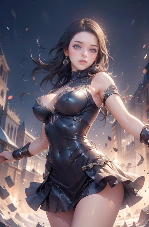 a beautiful woman with radiant eyes, a warm embrace, a bright smile, large full breasts, a mini skirt, black outfit,high quality, 8k, photorealistic, masterpiece, dramatic lighting, cinematic composition, intricate details, alluring expression, elegant pose, graceful movements