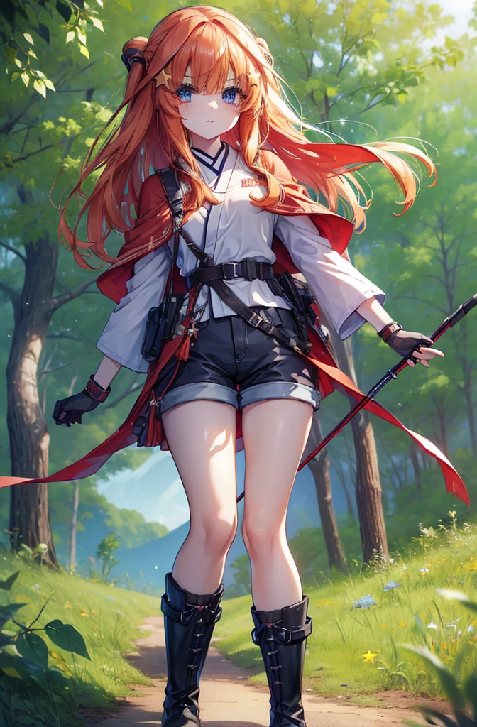 itsukinakano, itsuki nakano, bangs, blue eyes, Hair between the eyes, Redhead, star \(symbol\), hair ornaments, star hair ornaments,Long Hair,Owns an archery grip in the right hand,Carrying an archery bag,He has a quiver on one side, boots, Cape,gloves, red Knee socks, High heels, Shorts, Knee socks,whole bodyがイラストの中に入っていくように,歩いている
break outdoors, forest,forest林, break looking at viewer,whole body, 
break (masterpiece:1.2), Highest quality, High resolution, unity 8k wallpaper, (shape:0.8), (Fine and beautiful eyes:1.6), Highly detailed face, Perfect lighting, Highly detailed CG, (Perfect hands, Perfect Anatomy),