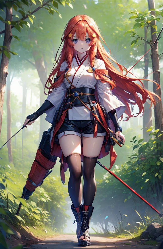 itsukinakano, itsuki nakano, bangs, blue eyes, Hair between the eyes, Redhead, star \(symbol\), hair ornaments, star hair ornaments,Long Hair,Owns an archery grip in the right hand,Carrying an archery bag,He has a quiver on one side, boots, Cape,gloves, red Knee socks, High heels, Shorts, Knee socks,whole bodyがイラストの中に入っていくように,歩いている
break outdoors, forest,forest林, break looking at viewer,whole body,
break (masterpiece:1.2), Highest quality, High resolution, unity 8k wallpaper, (shape:0.8), (Fine and beautiful eyes:1.6), Highly detailed face, Perfect lighting, Highly detailed CG, (Perfect hands, Perfect Anatomy),