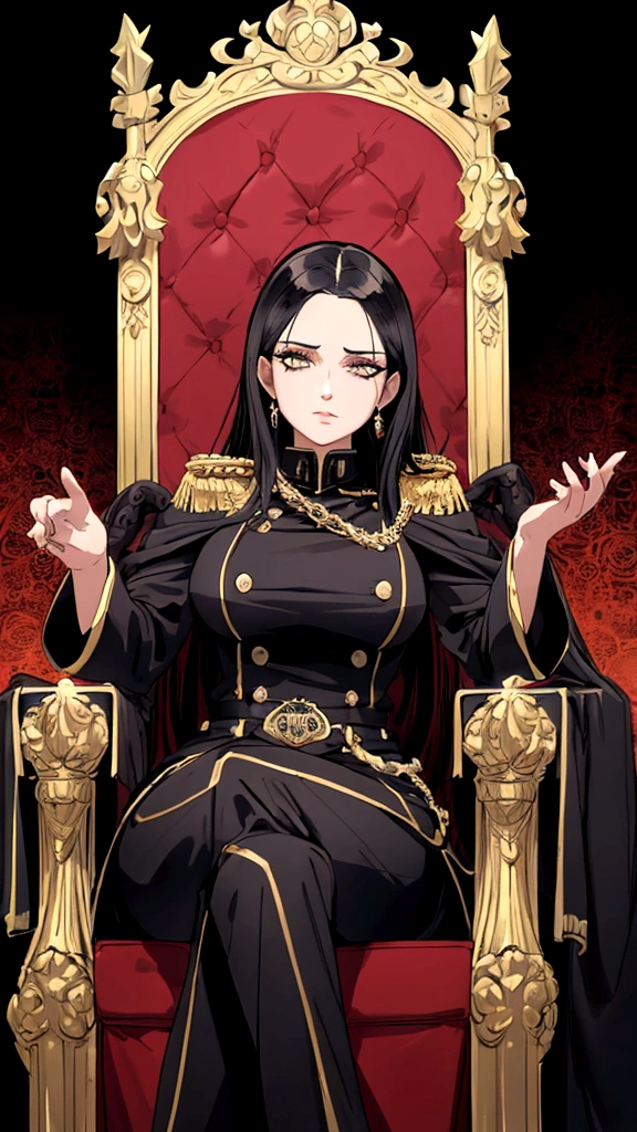 uma mulher bonita e seductiv com o rosto da imagem de referência, sitting on an ornate throne chair, wearing a black military uniform, highy detailed, 8K, photo realist, Masterpiece artwork, cinematic lighting, dramatic pose, Bright dark, details Intricate, rich colors , chic, majestic, seductiv, mighty