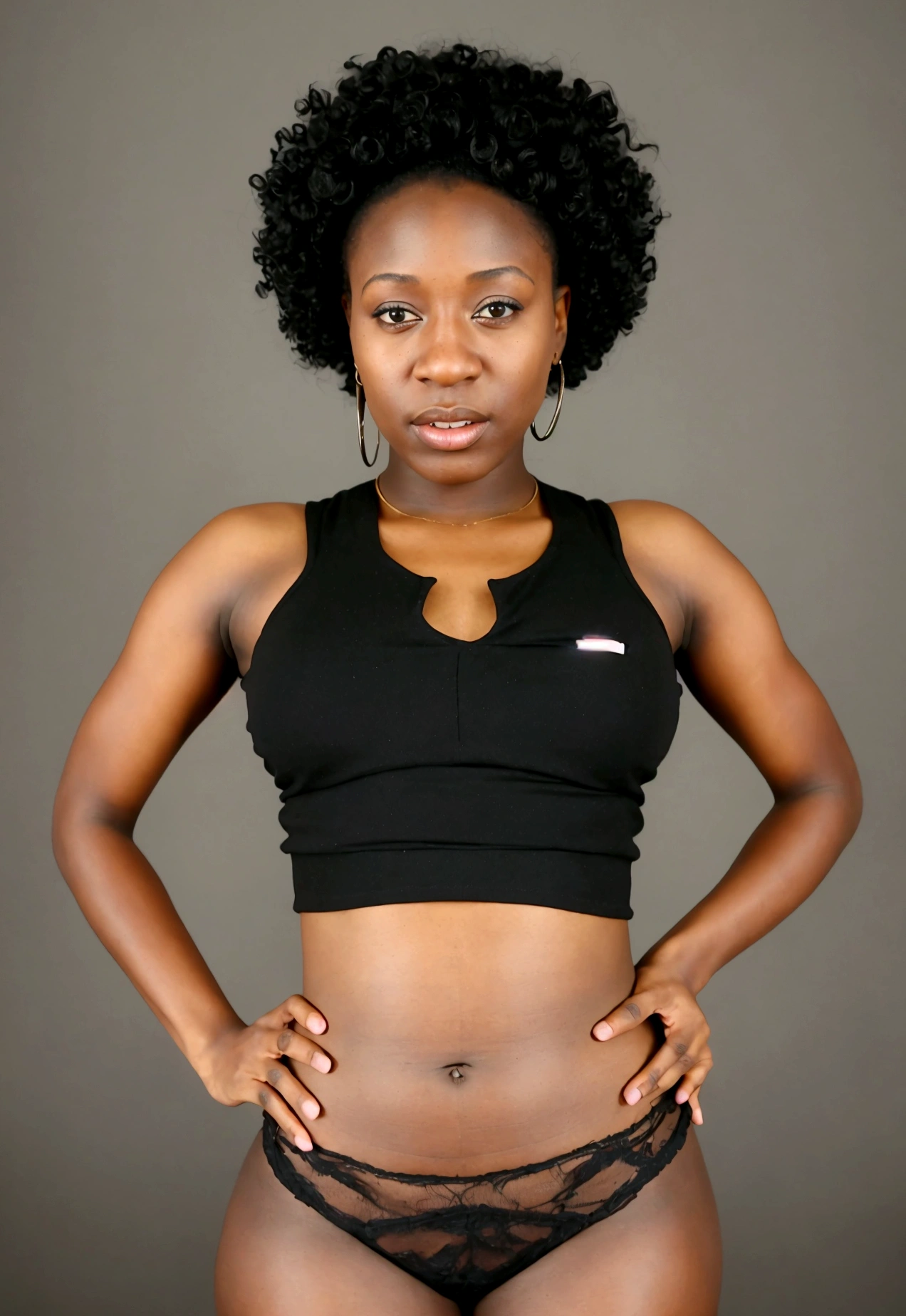 selfie of a black woman , a portrait inspired by Shirley Teed, cg society contest winner, video art, her belly button is exposed, with a black background, youtube video screenshot, tinyest midriff ever, sexy black woman walks past them, wearing a sexy cropped top, gorgeous stella maeve magician, african american young woman
