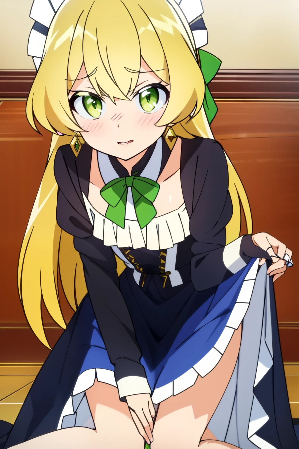 (masterpiece),best quality,ultra-detailed, perfect hands(Delicate finger expression), perfect legs, Delicate eye expression, delicate face expression,1girl (teles,, lovely small breasts, be short, earrings, jewelry, blonde hair, long hair,green ribbon, green eyes), evil face, facing viewer, looking at viewer,smirk, parted lips, nose blush, blush, Solo, maid (black), frill, apron, ultra mini skirt, maid headdress,skirt lift, pussy, in the livingroom, sitting on floor, knees on floor, Sexy waist teasing, come-on, lure, beautiful women, Cute girl, skirt lift, love juice flows out of her pussy ,