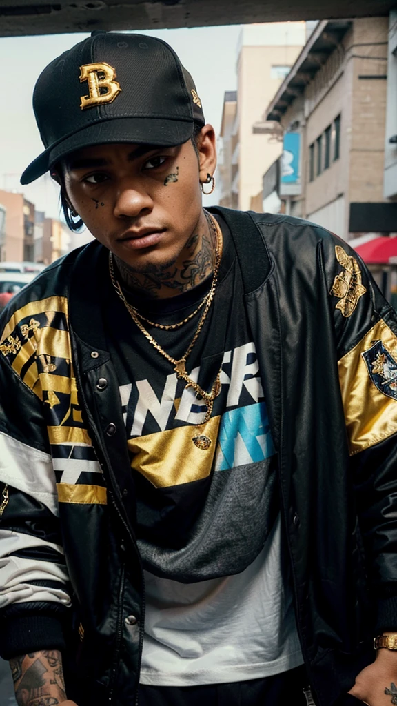 Create a first-person image of a man with rapper style. He is dressed in loose, modern clothing., including a graphic t-shirt, a bomber jacket and a tilted baseball cap. His skin is covered in detailed and colorful tattoos. She wears thick gold chains and statement rings. The perspective of the image should give the sensation of looking from the person's eyes, showing off her tattooed hands and accessories while standing in a vibrant urban setting, with graffiti on the walls and an authentic street atmosphere.
